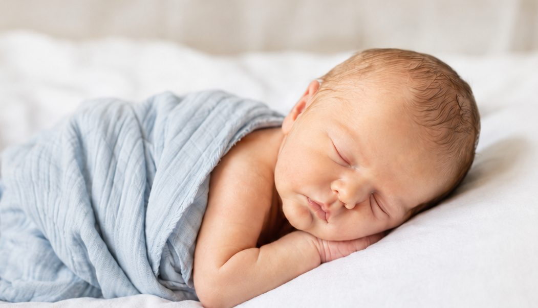 Sleeping newborn wrapped in a soft blue swaddle, cheek resting on their hand