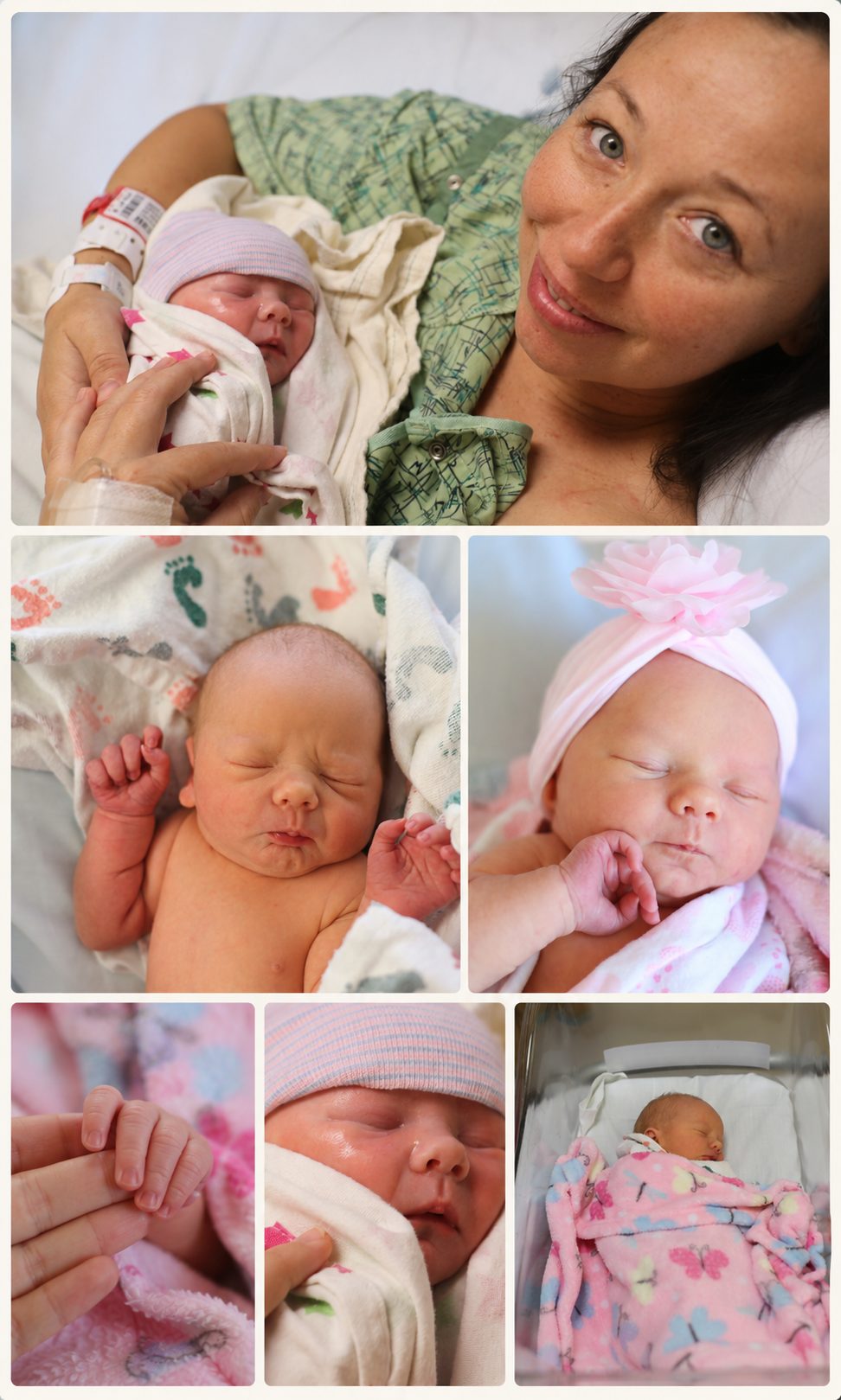 Collage from a birth center session, newborn in hospital bassinet and parents' arms