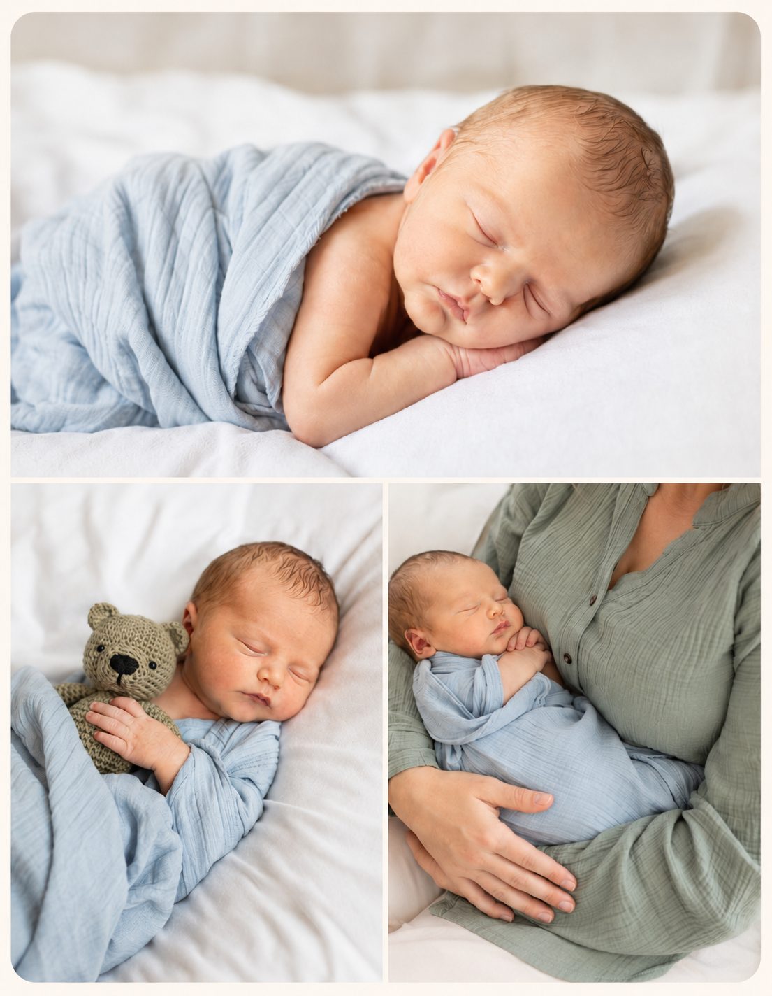 Newborn sleeping on a bed with a small knit bear, at home