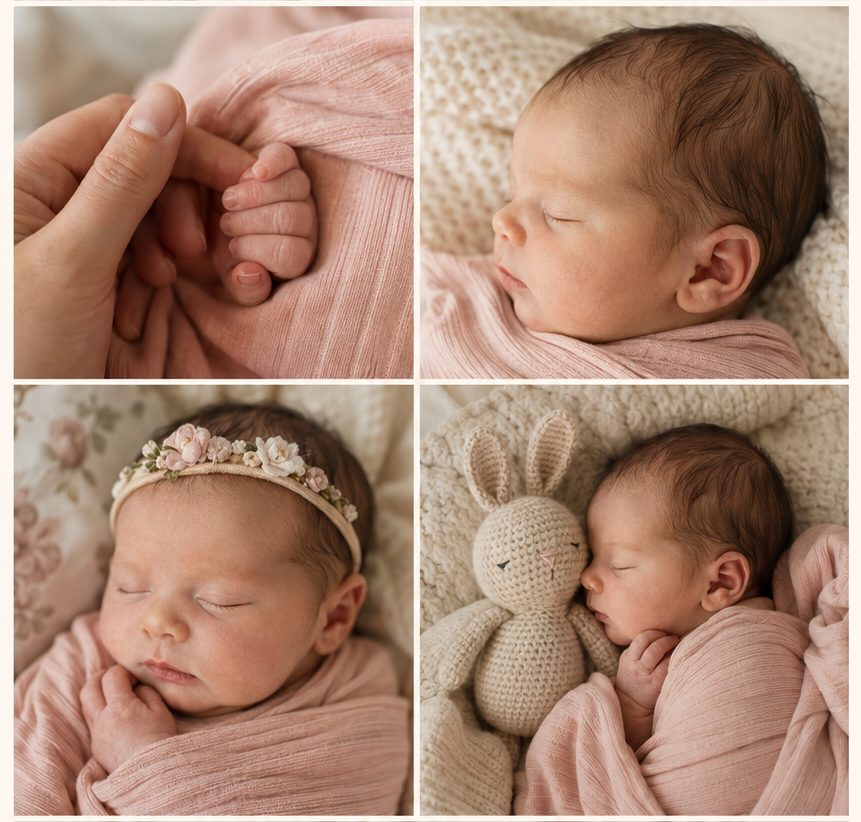 A parent's hand gently holding their newborn's hand, wrapped in a blush swaddle