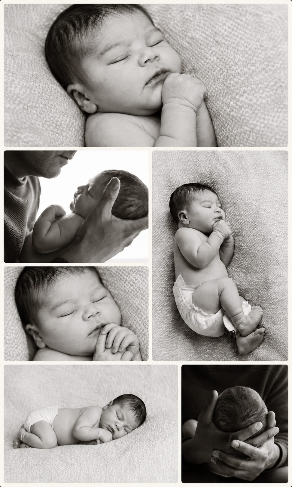 Black and white collage of a newborn and their father's hands