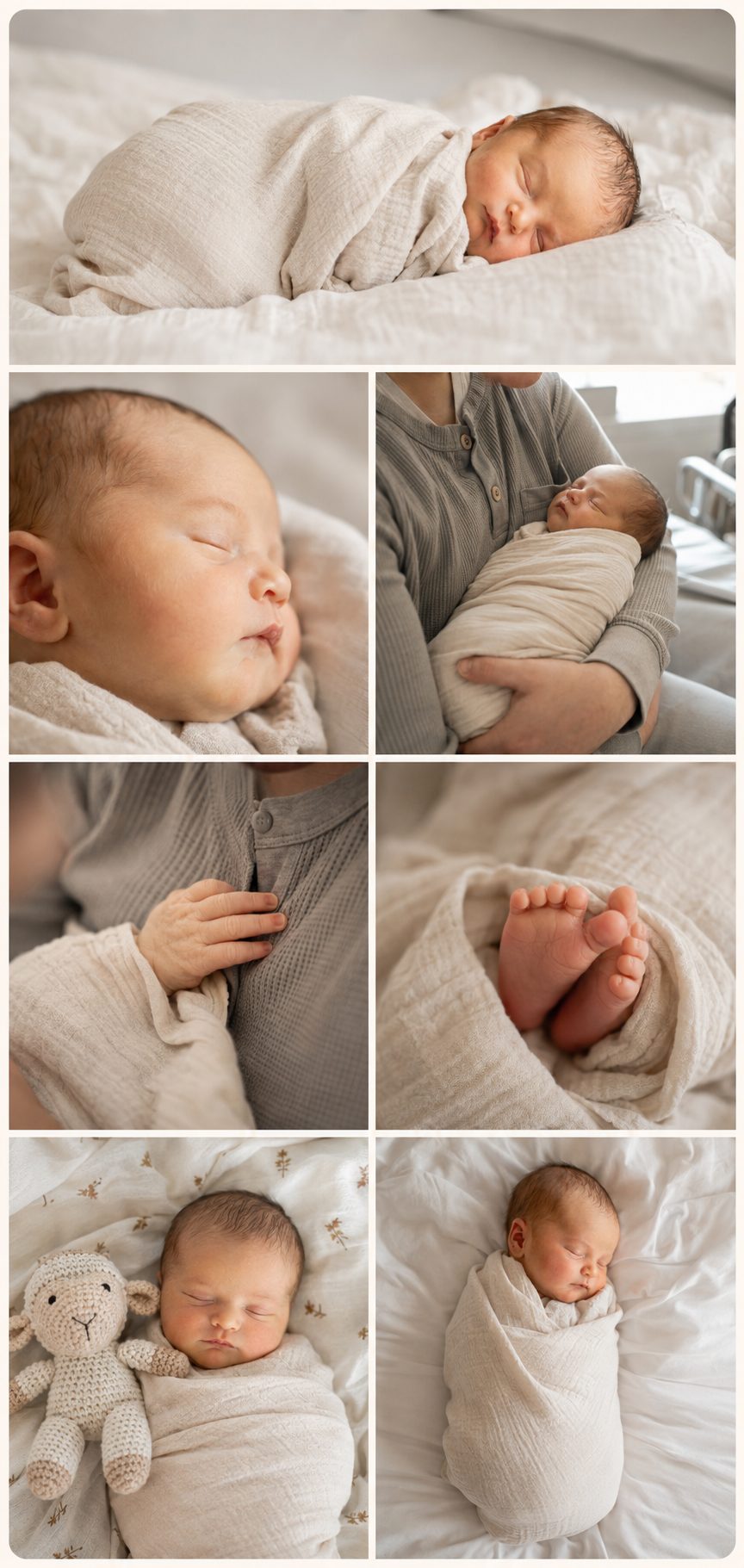 Collage of a newborn wrapped in natural linen, sleeping against neutral bedding