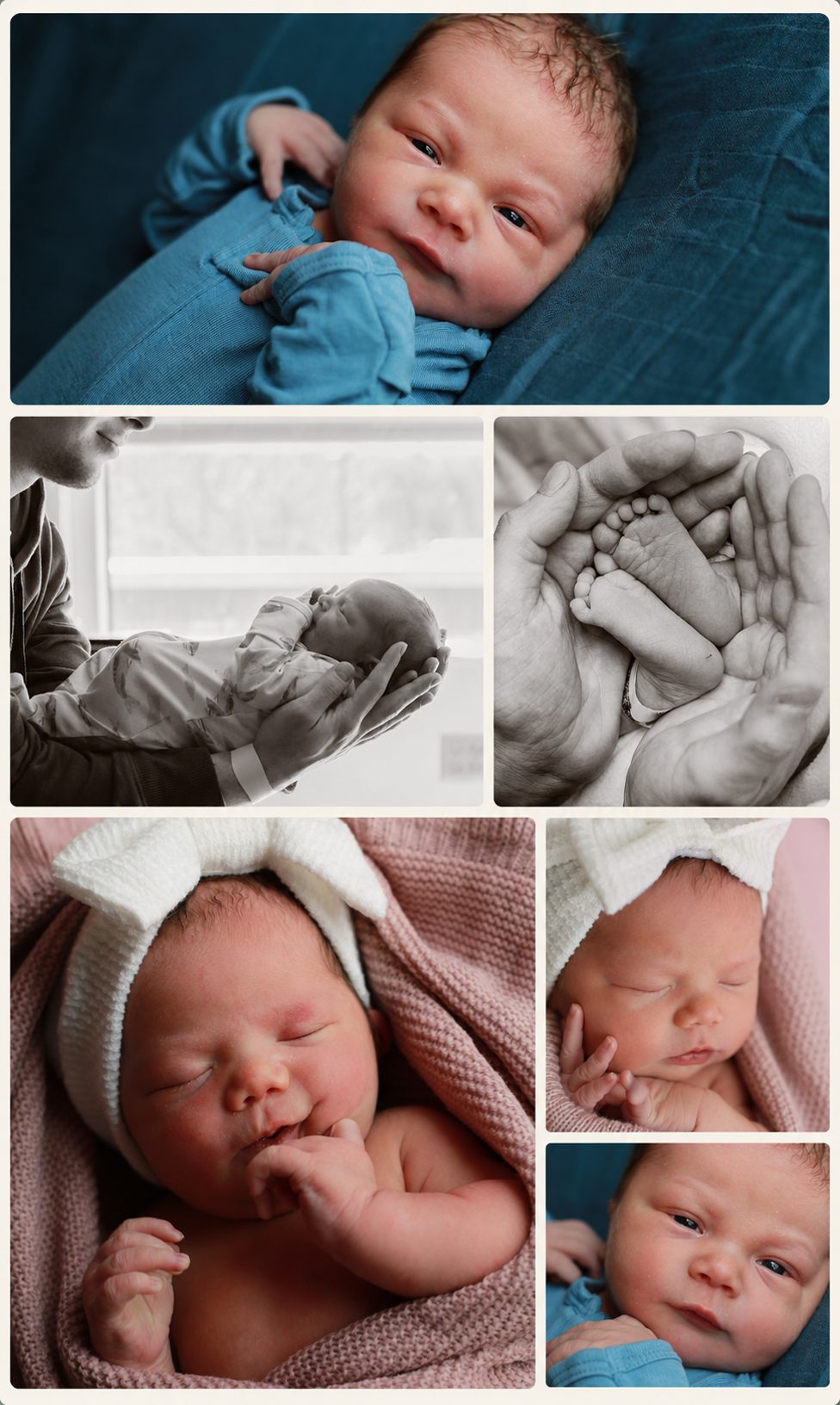 Collage of a newborn against navy and blush tones, with a close-up of tiny feet held in adult hands