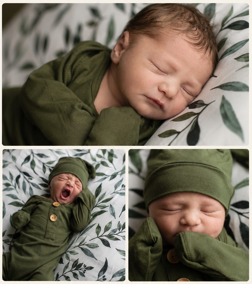 Collage of a newborn in a sage green knit outfit against a leaf-print blanket
